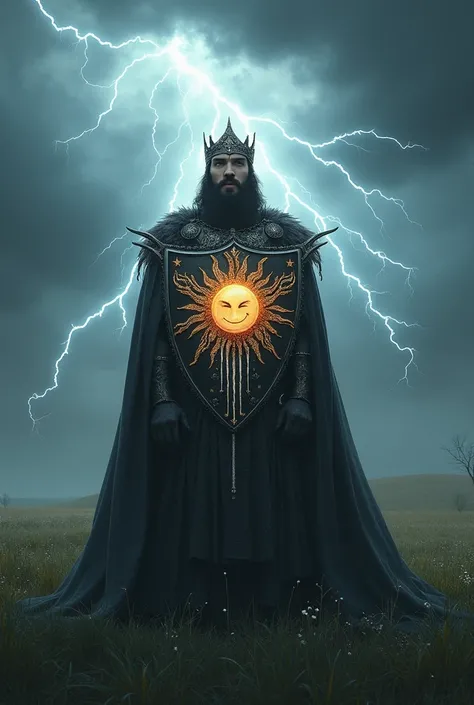 a king, man, son of the sun, Make a symbol cut in the middle of a crying sun with a smile and the other side a melting ice with six snowflakes, realistic dark fantasy version, medieval coat of arms flag on beautiful green fields, lightning storm