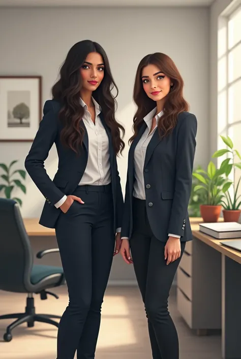 2 girl in office standing  just one Pakistani girl