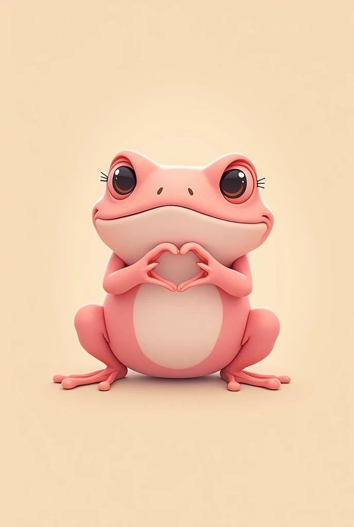 A cute pink frog with eyelashes making a heart with its hands in a setting with a background without details, a beige background, just beige with some hairs on the frog&#39;s face, not just the cute eyes, I want it smooth, nothing on the cheek I DON&#39;T ...