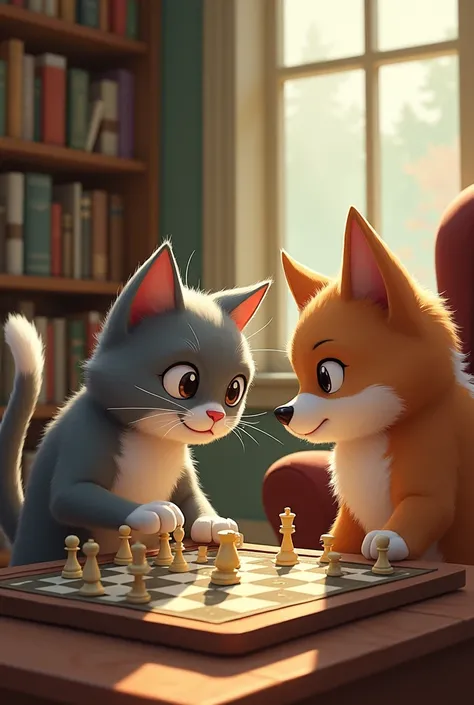 A cat playing chess with a dog