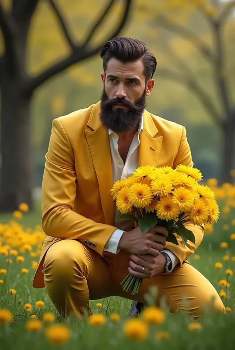 a handsome, elegant man with a beard, wears an elegant yellow suit, in his hand he carries a large bouquet of yellow flowers. 
is stuck on the floor 
in background in a beautiful park with nature landscape.