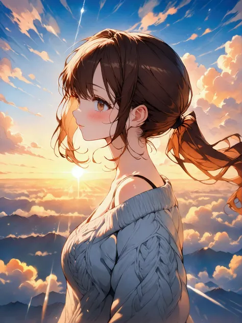 long wavy brown hair, side-swept bangs, (ponytail:1.3), slim waist, curvy hips, bare shoulders, (sweater:1.3), smooth skin, shiny hair, (inviting gaze), Create exquisite illustrations reminiscent of Makoto Shinkais style, It has ultra-fine details and top-...