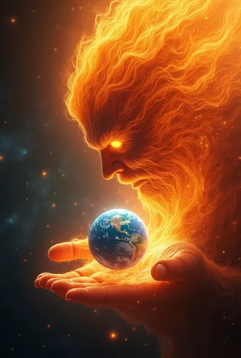 A majestic celestial fire god, floating in the vast expanse of space, his fiery form composed of swirling cosmic embers and radiant plasma. His eyes, like twin suns, gaze down upon a tiny blue marble that is Earth, which fits perfectly into the palm of his...