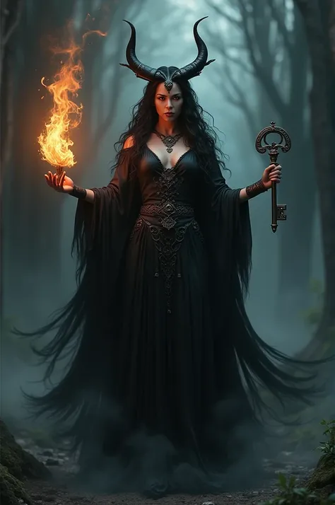 Hecate with key and flaming torch in her hands
