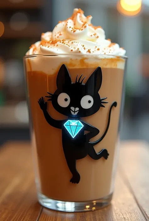 A Starbucks cappuccino glass with a black lucky cartoon character with a diamond in the center