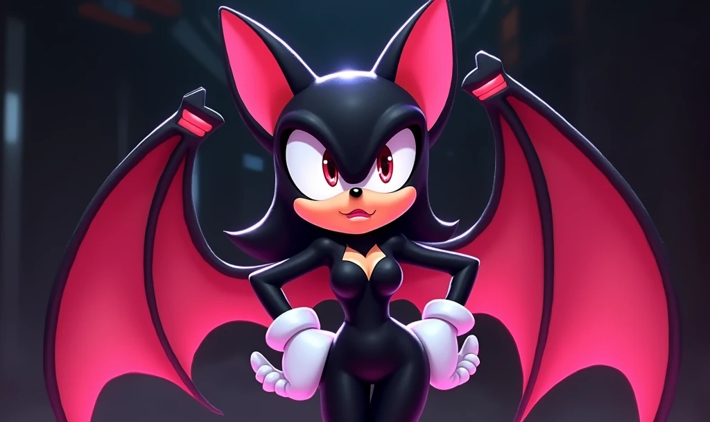 Create an image of Sonic&#39;s character Rouge, cartoon on a dark background with a pink tint