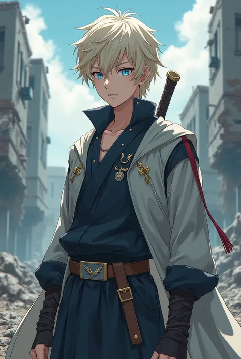 Highest quality、university student、Cream colored hair、Light blue eyes、Calm、Strongest Swordsman、Standing in a ruined town、Anime Style、Photograph the upper body