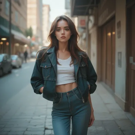 Realistic girl wearing only a jacket and long pants