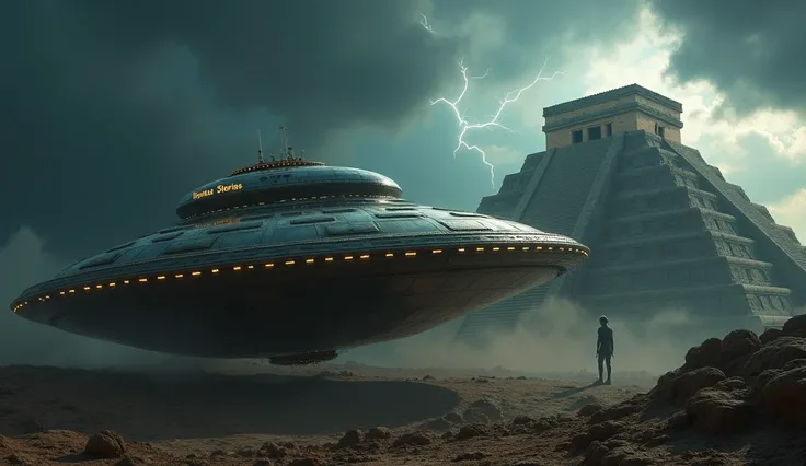 Generate an image showing a flying saucer on a stormy night unearthed in Tenochtitlan in front of the Pyramid of the Sun and Quetzalcoatl rising into the sky behind the Pyramid the flying saucer has the name of the channel INVICTUS STORIES.. Epic realism, ...