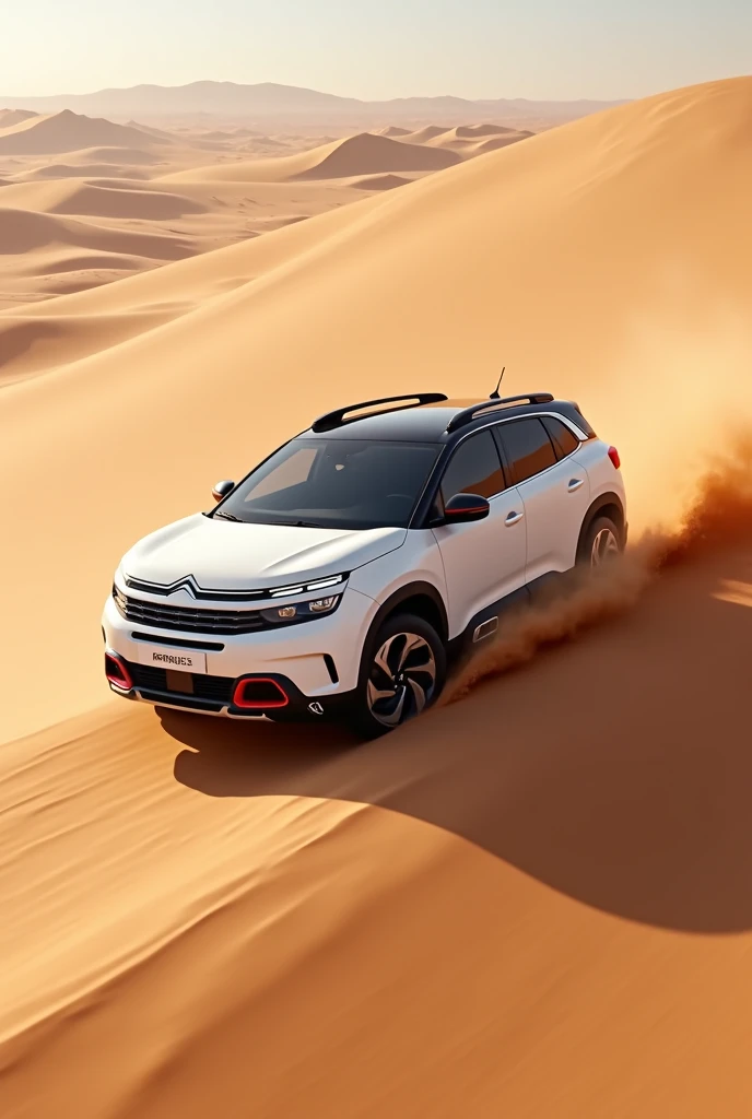 A white Citroën C5 Aircross driving down some very steep sand dunes