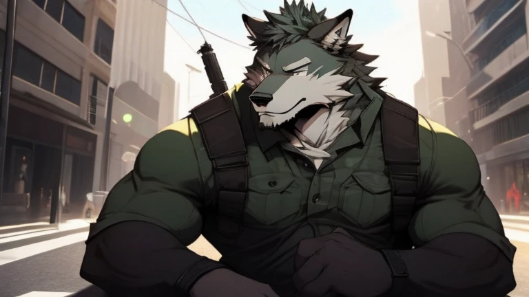 A Left Side Picture of A Very Muscular Furry style Gray Wolf. he is wearing A Dark Green Soldier suit. his eyes are looking in the gun looking spot. he is holding a large gun in front him. he is aiming at something that is in front of him. The background i...