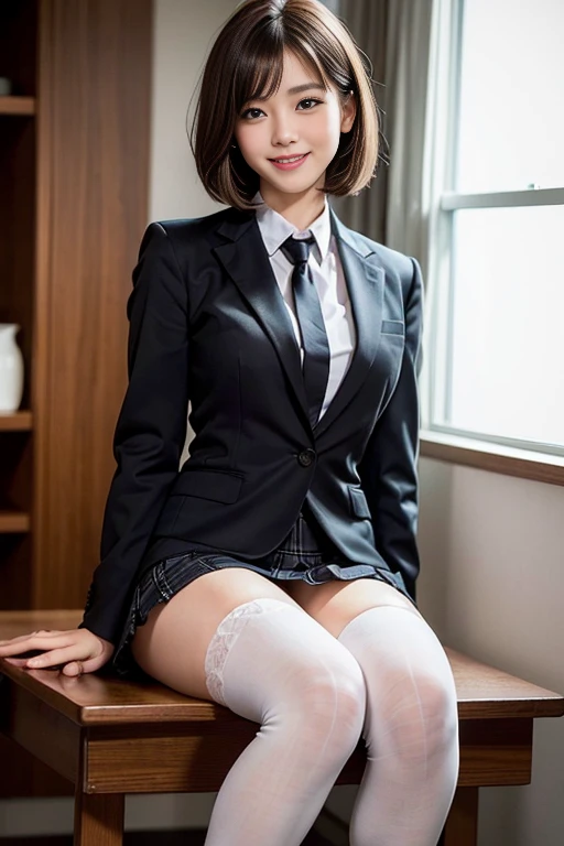 ((full body:1.5)), Masterpiece: 1.3), (8K, Photorealistic, RAW Photography, Best Quality: 1.4), Japan Girls, Standard Body Shape: 1.3, (light brown straight bob Hairstyle: 1.4),  Ultra Detail Face, Eyes of Detail, Double Eyelids, slim legs, slim body, 20 y...