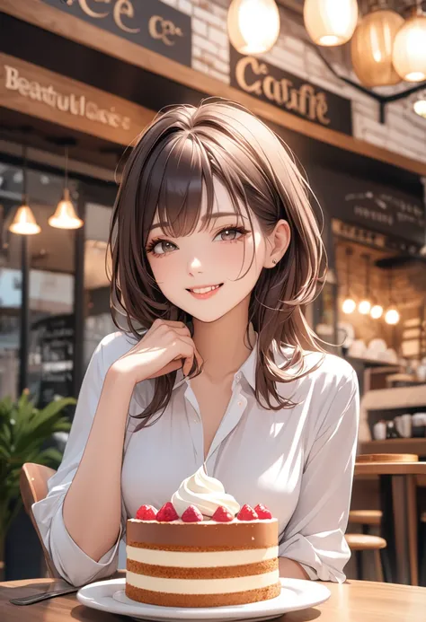 (masterpiece:1.5),(Beat quality),(high res),1girl solo,beautiful face,smile,upper body,Private clothes for women,Cafe,Mont Blanc Cake