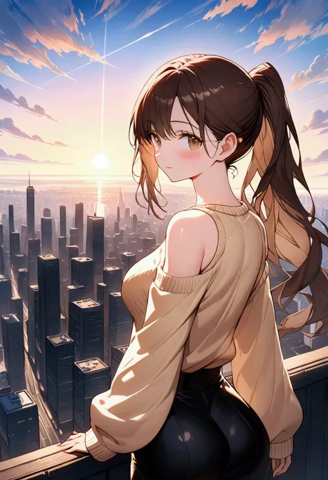 (wide shot:1.3), long wavy brown hair, side-swept bangs, (ponytail:1.3), slim waist, curvy hips, bare shoulders, (sweater:1.3), smooth skin, shiny hair, (inviting gaze), Create exquisite illustrations reminiscent of Makoto Shinkais style, It has ultra-fine...