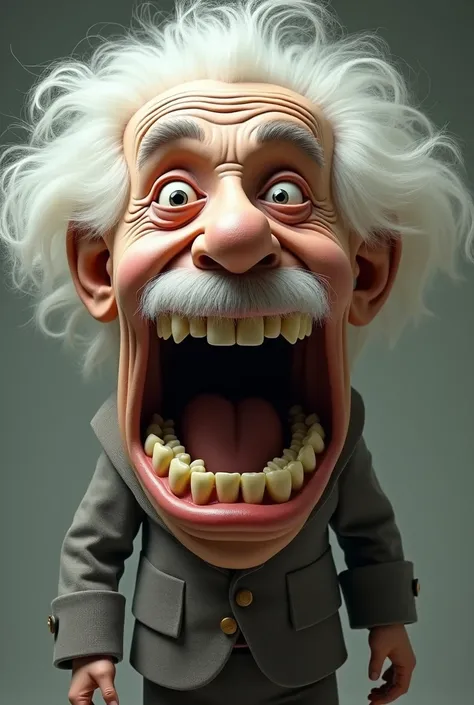 Albert Einstein with big head and  and also with big teeth and people see him and cry 