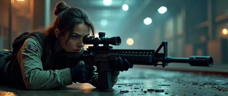 Woman holding sniper rifle in prone position, modern heavy industry factory, nighttime, dramatic lighting, cinematic, high-octane action, gritty, (best quality,8k,ultra-detailed,realistic:1.37),(hyperrealistic,photorealistic,physically-based rendering:1.2)...