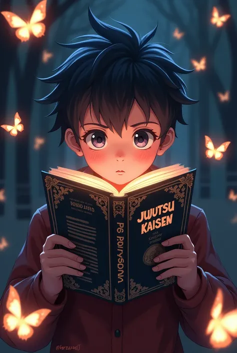 A animated boy is holding a book with the title "JUJUTSU KAISEN" in front of their face. The persons name "prasanna" is highlighted in the image. The background is dark with glowing butterflies.