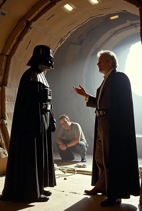 Actor Mark Hamill is dressing up as Darth Vader. George Lucas is scolding him. They are on the Star Wars film set within the set of the Millennium Falcon, you can see the wood and cardboard of the set, an electrician crouching down is fixing some lights on...