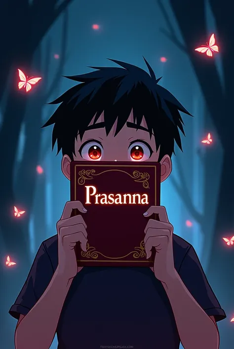 A animated boy is holding a book with the title "JUJUTSU KAISEN" in front of their face by hiding the face. The persons name "prasanna" is highlighted in the image. The background is dark with glowing butterflies.