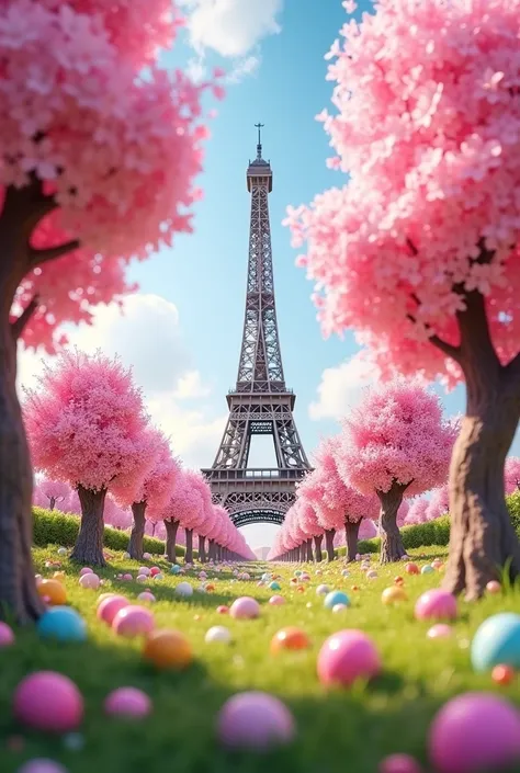 A garden with cherries, candies, the tower Eifel 