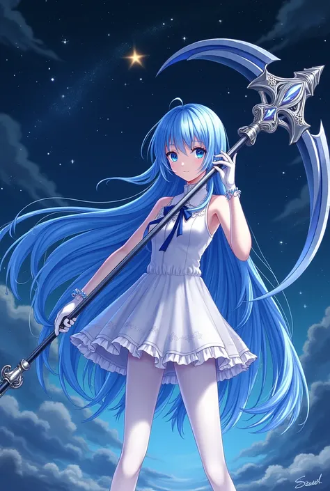 Blue and white long hair anime girl，White Gloves，short skirt dress，white pantyhose，Night sky，giant scythe