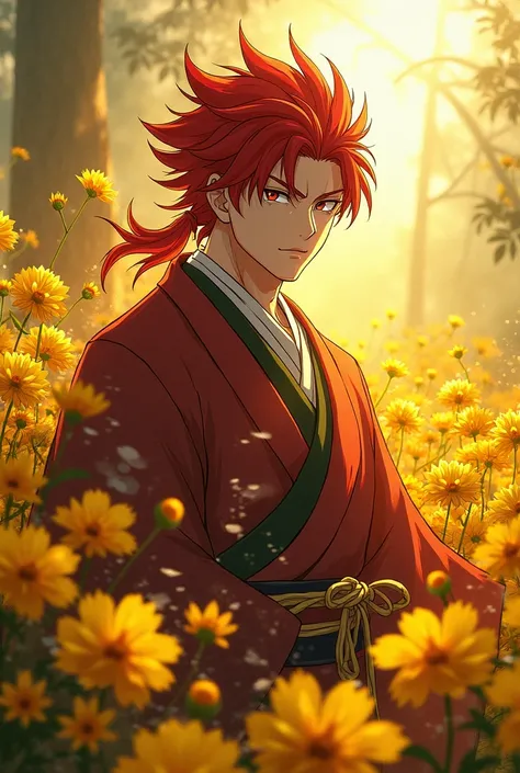 Kyojuro rengoku with yellow flowers