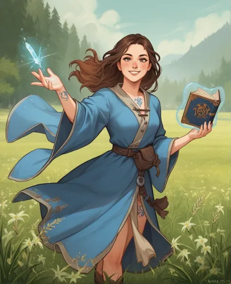 1female, long brown hair, dressed in mages robe, medieval cloth, magic, icicle, smile, field in background, holding magic book, casting water magic, blue clothes, blue robe, small tattoo on hand