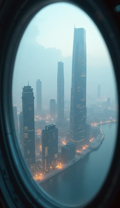 Future city seen from a spaceship window:1.5,fog,port,Flying Spaceship,Skyscraper,masterpiece,Highest quality,Ultra-high resolution,(Very detailed:1.2),8k,Realistic,Best aesthetics,beautiful