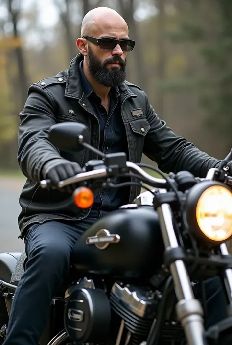 Man in his late 20s with a youthful face, caucasiano, bald man with black beard in a military jacket on top of a Harley-Davidson motorcycle wearing aviator sunglasses