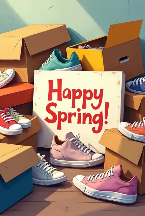  a sign that says happy spring surrounded by shoe boxes and loose sneakers 