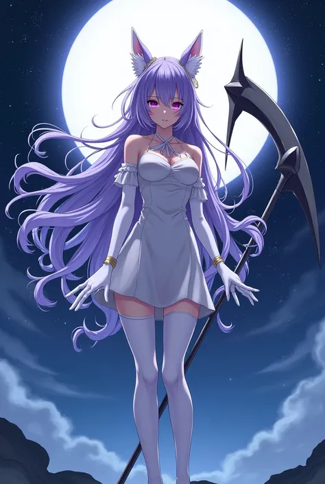 Purple and white long hair anime girl，White Gloves，short skirt dress，white pantyhose，Night sky，giant scythe