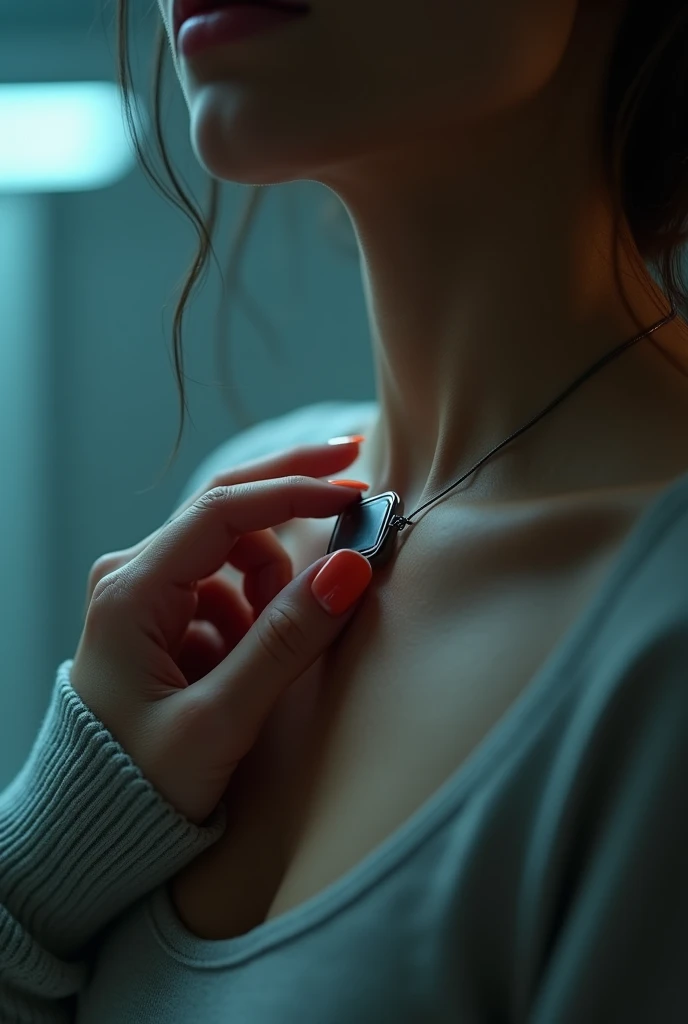 scene of a woman removing a futuristic microchip implanted in her neck in a cyberpunk world, close-up scene, close-up of well-manicured painted nails, woman calmly removes the chip, blurred futuristic apartment background, UHD, ultra realistic, ultra detai...