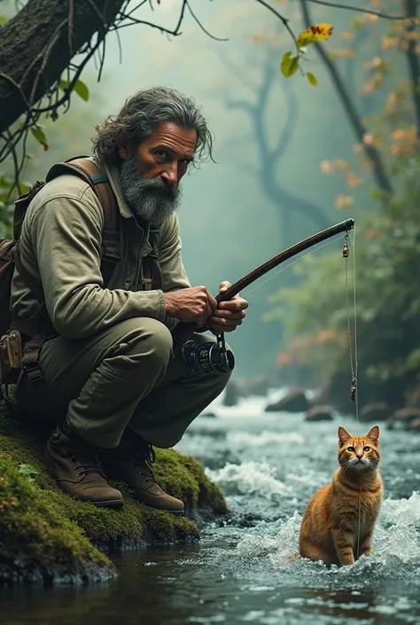 Man fishing a cat in wild