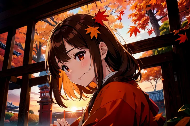 1 girl , Brown Hair, smile, Cinema Lighting , Movie angle ,(Orange lighting), (Autumn leaves) , shrine ,(Distant Sunset), Japanese Kimono ,((masterpiece)), ((Best Quality)), ((Very detailed)), (illustration), ((Very delicate and beautiful))