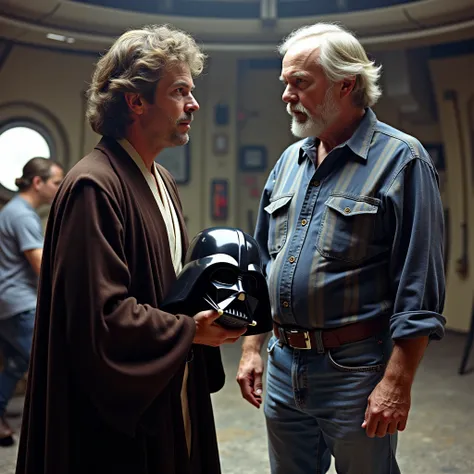 The actor Mark Hamill is dressing up as Darth Vader, he needs to put on his helmet and you can see his face. He holds the helmet in his hands with a sad face, director George Lucas in a blue plaid shirt and jeans is scolding him. They are inside the set of...