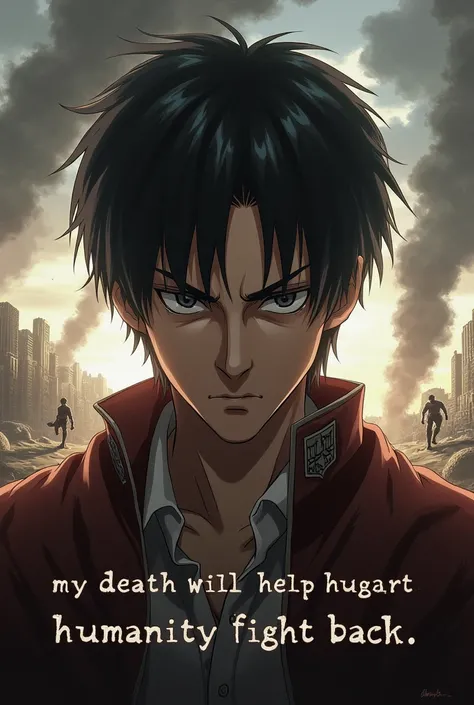 Background of eren from the attack on Titan with a custom text "My death will help humanity fight back"