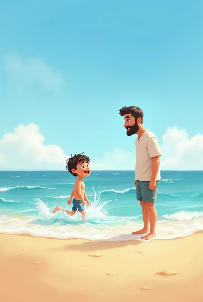 A father and  son at a beach and boy swimming in the water father watching 
