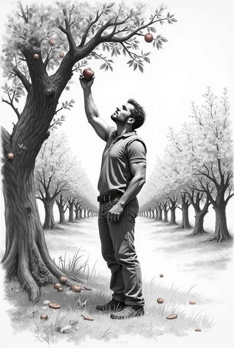 A man who grab apple from tree sketch