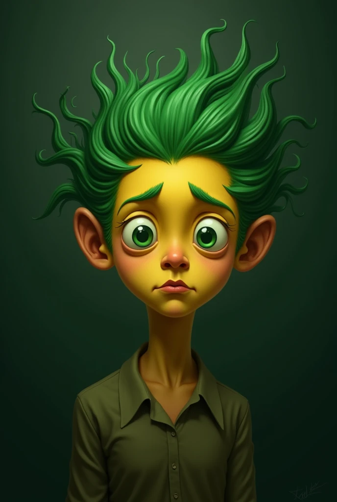 "A stylized portrait of a person with yellow skin and a somewhat surreal appearance. The character has green hair, which is agitated and floating in all directions. His eyes are big and green, with a somewhat melancholic or perplexed expression. The backgr...