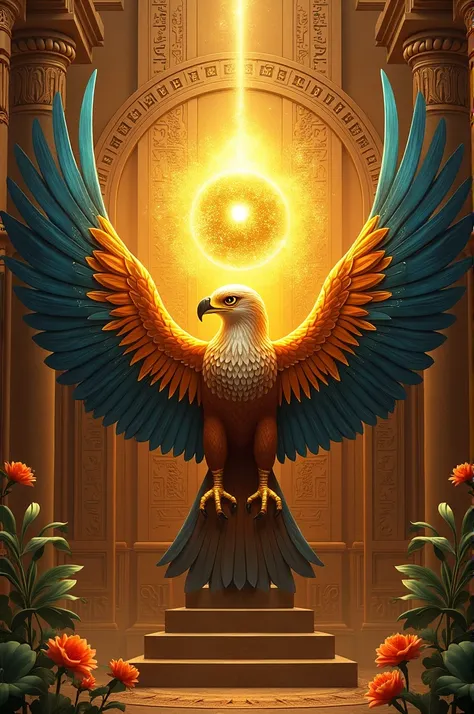 Symbol of the shining golden Eye of Horus being embraced by the wings of a colorfully feathered eagle with Egyptian embellishments centered by two guardians 