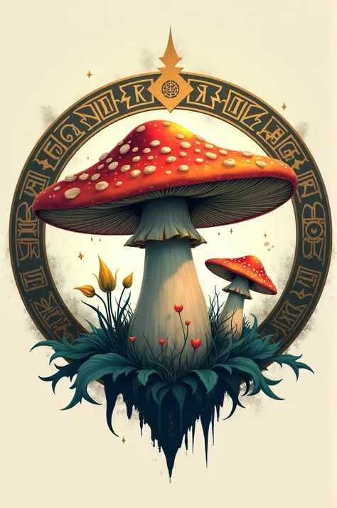 Incorporate small magical symbols or runes around the mushroom to give a fantasy feel.Consider a circular or shield-like shape to contain the elements, symbolizing unity and protection.logo
