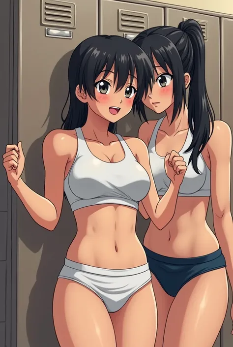 Make me a female volleyball team changing in the locker room after a game in their underwear 90s anime style 
