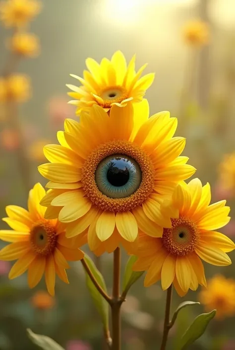 Triangle of yellow flowers with a black pupil eye in the middle