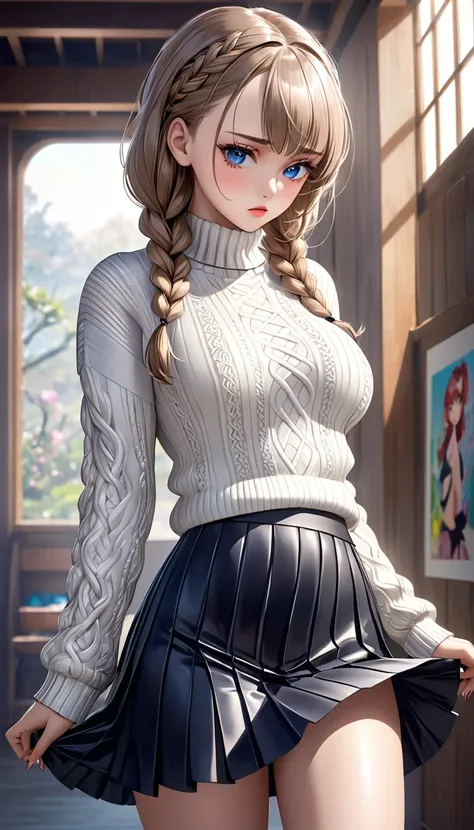 cool beauty, sad expression, grabbing_breasts, striking beautiful eyes, glossy silky braided bangs hair, forehead, make-up, fascinating, perfect proportions, wearing tight fit knit sweater and fluttering skirt, delicate and dynamic textures, 2.5D, digital ...