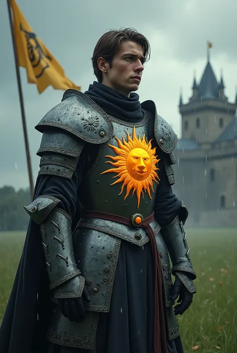 A young adult King in armor, man, son of the sun, Make a symbol cut in the middle of a sun "crying" with a sad smile is the other side one *Melting Ice" with six snowflakes, realistic dark fantasy version, medieval coat of arms flag on beautiful green fiel...