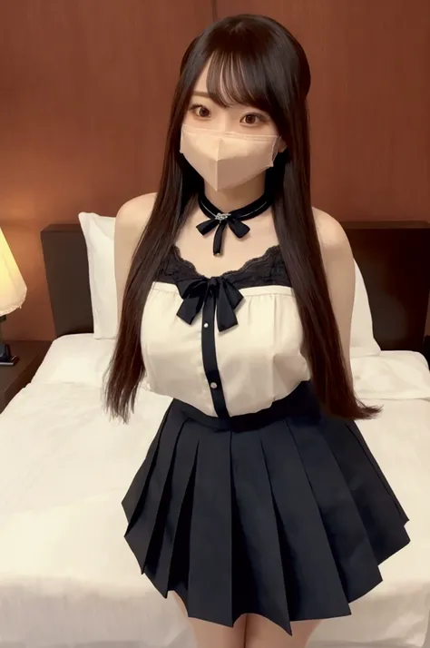 Gravure idol pose　Hotel　bed　High image quality　Not too small bust　Shorten your skirt　Beautiful legs　Beautiful Hair　Height: 160cm　mask
