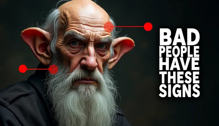 Create an ultra-realistic image of an elderly wise man with distinct facial features that hint at hidden personality traits. The image should focus on his wrinkled forehead, ears, and long white beard. Use red circles and arrows to emphasize these facial f...