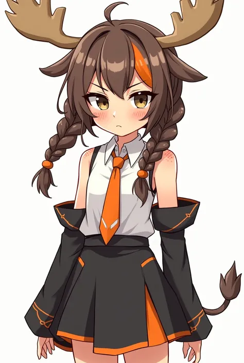 Fifteen year old girl, Brunette hair tied up into Twin braids with cider orange streaks, Tan skin with freckles, Chestnut on one eye and olive on the other, Vocaloid art full body, stern look with a bit of a glare, Outfit has cider orange pallet with a whi...