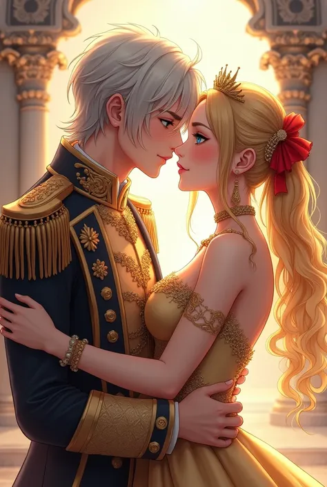 beautiful drawing, long generals clothes, very handsome male magician, beautiful intelligent blue eyes, light ashen hair below the shoulders, long bangs, royal generals, long clothes. he stands in the silver palace, KISSES an incredibly beautiful young fat...