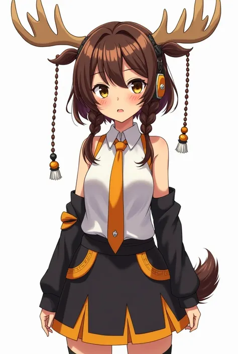 Fifteen year old girl, Brunette hair tied up into Twin braids with cider orange streaks, Tan skin with freckles, Chestnut on one eye and olive on the other, Vocaloid art full body, stern look with a bit of a glare, Outfit has cider orange pallet with a whi...